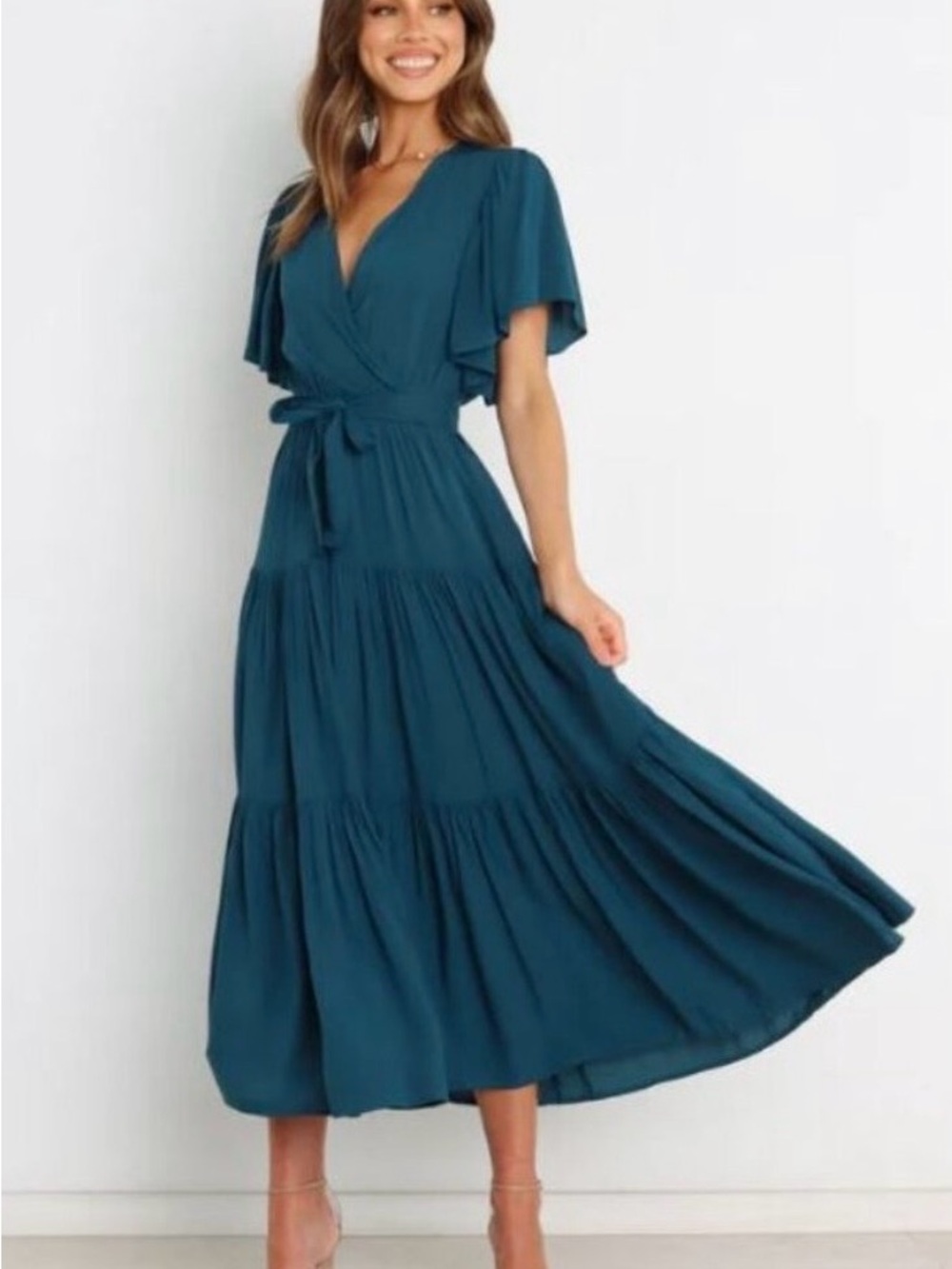 Petal & Pup Teal Midi Wrap Dress with Tie Waist